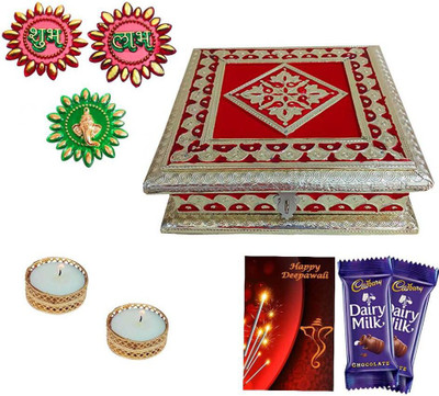 Maalpani Shubh Labh Ganesh Floor Rangoli and Tealight Candles with Holders For Diwali Gift DryFruit Box Combo(5)