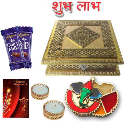 

Maalpani Diwali Chocolate Hamper Oxodise Dryfruit Box with Minakari Ganesh Kankavati n Golden Tealight Candle Holder Shubh Labh Stickers. Combo(6)