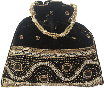 

Bagaholics Ethnic Beads and Stone Velvet Potli Batwa Pouch Bag with Embroidery work Potli(Black)