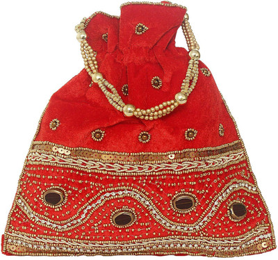 

Bagaholics Ethnic Beads and Stone Velvet Potli Batwa Pouch Bag with Embroidery work Potli(Red)
