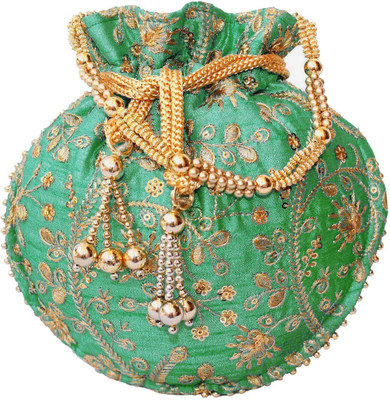 

Bagaholics Ethnic Clutch Silk Potli Batwa Pouch Bag with Metal Beadwork Gift For Women Potli(Green, Gold), Gold;green