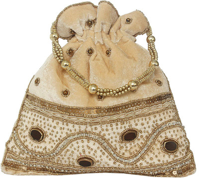 Bagaholics Ethnic Beads and Stone Velvet Potli Batwa Pouch Bag with Embroidery work Potli(Gold)