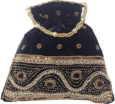 

Bagaholics Ethnic Beads and Stone Velvet Potli Batwa Pouch Bag with Embroidery work Potli(Blue)
