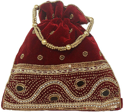 

Bagaholics Ethnic Beads and Stone Velvet Potli Batwa Pouch Bag with Embroidery work Potli(Maroon)