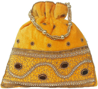 

Bagaholics Ethnic Beads and Stone Velvet Potli Batwa Pouch Bag with Embroidery work Potli(Yellow)