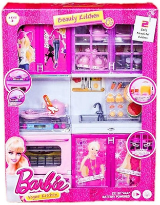 

SANJARY GOOD QUALITY barbie beauty kitchen Battery Operated Light Music Modern Beauty Vogue Kitchen set for girls