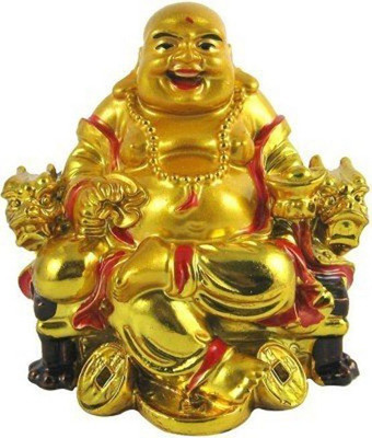 

Atharv Enterprises laughing buddha on chair with ingot and money coin Decorative Showpiece - 6 cm(Polyresin, Multicolor)
