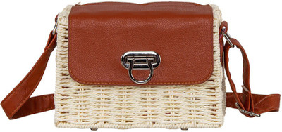 peaubella Girls Casual White, Tan Natural Fibre Sling Bag, Tan;white