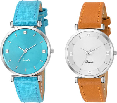 Celora AV-117 Sky Blue White Dial Leather Strap Latest Combo Watch - For Women