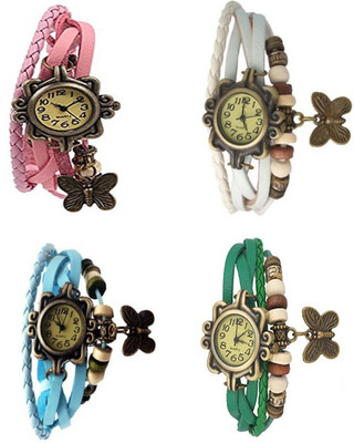 

Mettle Combo Latest Fancy Leather Hand Knit Vintage Watches Dress Bracelet Women Girls Ladies Clover Pendant Retro ( Pack Of 4 )MT-80 Watch - For Women