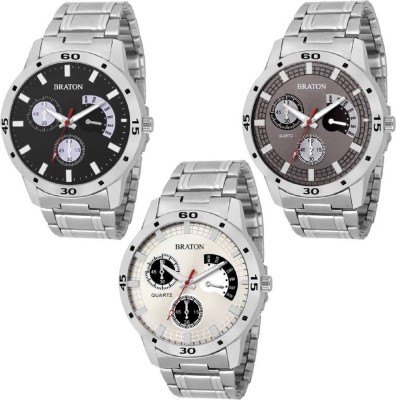 BRATON Pack of 3 New generation classic Multicolor dial Silver Stainless Steel strap combo analog wrist Analog Watch  - For Men