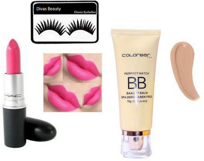 

divas beauty Eyelashes & Pink Nouveu Matte Finish Lipstick & Colobar Perfect BB Beauty Balm Foundation(Set of 3)