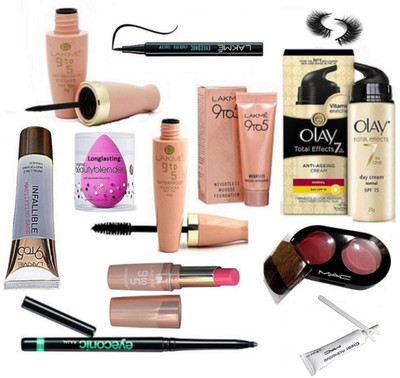 

Longlasting Eyelashes, weighless mousse foundation 6gm & liquid Eyeliner &Mascara With Matte finish long lasting lipstick With Eyeconic kajal &Primer, Olay Cream,2shades bluser,puff,eyelash glue,eyeconic kajal(Set of 12)