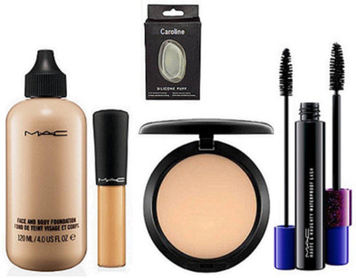 

CAROLINE Silicon Puff , Mac Face And Body Foundation & Mineralize Concealer , Studio Fix Compact , Haute & Naughty Waterproof Liquid Mascara(Set of 5)