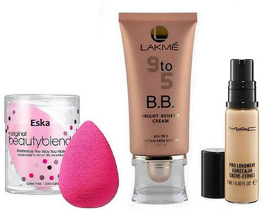 

eska Sponge Puff, Lakme 9 to 5 bright benefit cream& Mac Pro Long wear Cache Cernes Concealer(Set of 3)