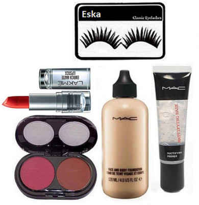 

eska Eyelashes , face and body foundation , 2 shade blusher, mattifying base primer & Lakme 9to5 Enrich Matte Lipstick(Set of 5)