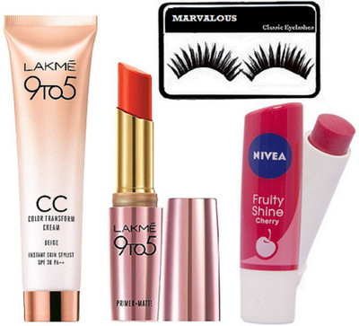 

marvalous eyelashes , lakme cc color trasnform cream , primer matte lipstick with nivea cherry kiss lip balm(Set of 4)