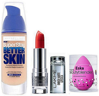 

eska Sponge Puff , Maybelline Super Stay Better Skin Foundation, Lakme Enrich Matte Lipstick(Set of 3)
