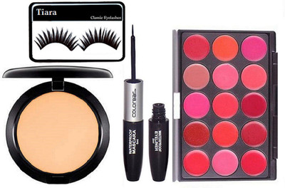 

tiara eyelashes , compact with color bar 2 in 1 eyeliner+mascara & 15 shades lip palette(Set of 4)