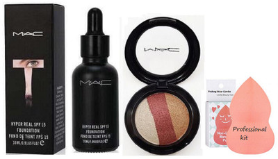 

Professional kit sponge puff & Hyper Real Liquid Foundation with 3 shades eye shadow fard a joues mineralize(Set of 3)