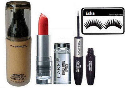 

eska eyelashes & matchmaster liquid foundation & enrich matte finish lipstick & 2 in 1 eyeliner with mascara(Set of 4)