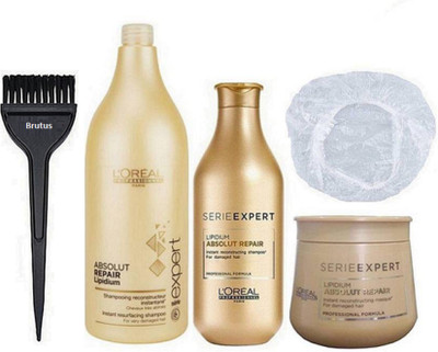 

brutus Hair brush,L'Oreal Paris Absolut Repair Lipidium Shampoo Pack Of 2(1500ml+300ml), Serie Expert Lipidium Absolut Repair Masque,shower cap(Set of 5)
