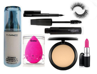 

eska Sponge Puff, Mac Matchmaster Foundation SPF15, Compact, Haute And Naughty Mascara, Candy Yum,yum Lipstick,Pen Liner, Eyelashes(Set of 7)
