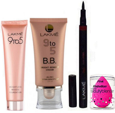 

Pink Rebellion Sponge Puff & Lakme 9 To 5 Pencil Eyeliner Black & BB Bright Benefit Cream & Weightless Mousse Foundation(Set of 4)