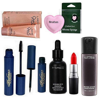 

Brutus Silicone Puff, Mac Hyper Real Foundation, Matte Finish Lipstick, Padma Eyeliner & Mascara, 9to5 Mousse, Face Serum(Set of 7)