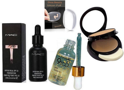 

divas beauty Silicon Puff & 9to5 Gold Radiance Youth Infinity Skin Sculpting Face Serum, Mac Hyper Real SPF 15 Foundation With Two Way Compact(Set of 4)
