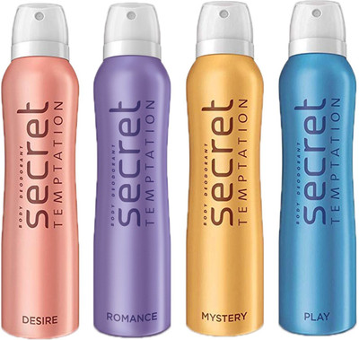 

SECRET TEMPTATION-1 DESIRE DEODORANT 150ML+1 PLAY DEODORANT 150ML+1 MYSTERY DEODORANT 150ML+1 ROMANCE DEODORANT 150ML Deodorant Spray - For Women(150 ml, Pack of 4)