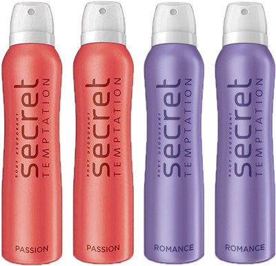 

SECRET TEMPTATION PASSION BODY DEODORANT 150ml 2 Pcs + TEMPTATION ROMANCE BODY DEODORANT 150ml 2 Pcs Deodorant Spray - For Women(150 ml, Pack of 4)