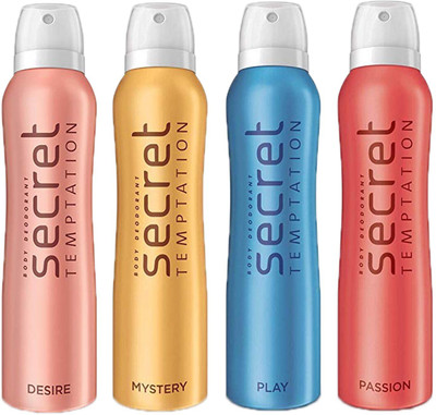 

SECRET PASSION DEODORANT 150ML+1 DESIRE DEODORANT 150ML+1 MYSTERY DEODORANT 150ML+1 PLAY DEODORANT 150ML Deodorant Spray - For Women(150 ml, Pack of 4)
