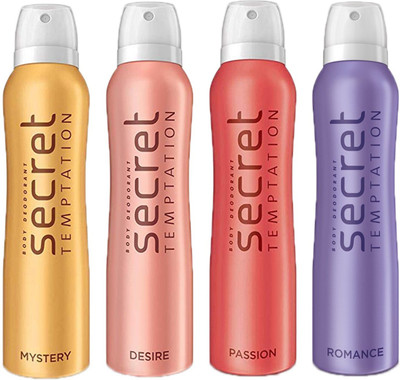 

SECRET TEMPTATION-1 MYSTERY DEODORANT 150ML+1 DESIRE DEODORANT 150ML+1 ROMANCE DEODORANT 150ML+1 PASSION DEODORANT 150ML Deodorant Spray - For Women(150 ml, Pack of 4)