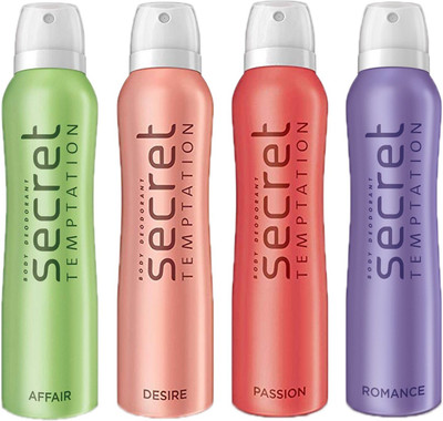 

SECRET TEMPTATION-1 AFFAIR DEODORANT 150ML+1 DESIRE DEODORANT 150ML+1 ROMANCE DEODORANT 150ML+1 PASSION DEODORANT 150ML Deodorant Spray - For Women(150 ml, Pack of 4)
