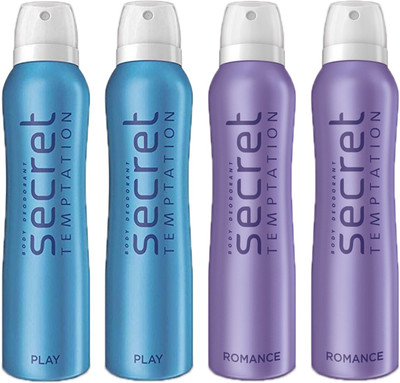 

SECRET TEMPTATION PLAY DEODORANT 150ML 2 Pcs + TEMPTATION ROMANCE DEODORANT 150ML 2 Pcs Deodorant Spray - For Women(150 ml, Pack of 4)