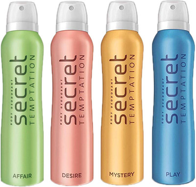 

SECRET TEMPTATION-1 AFFAIR DEODORANT 150ML+1 DESIRE DEODORANT 150ML+1 MYSTERY DEODORANT 150ML+1 PLAY DEODORANT 150ML Deodorant Spray - For Women(150 ml, Pack of 4)