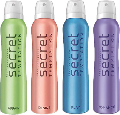 

SECRET TEMPTATION-1 DESIRE DEODORANT 150ML+1 PLAY DEODORANT 150ML+1 AFFAIR DEODORANT 150ML+1 ROMANCE DEODORANT 150ML Deodorant Spray - For Women(600 ml, Pack of 4)