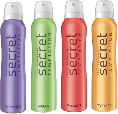 

SECRET TEMPTATION-1 MYSTERY DEODORANT 150ML+1 ROMANCE DEODORANT 150ML+1 PASSION DEODORANT 150ML+1 AFFAIR DEODORANT 150ML Deodorant Spray - For Women(150 ml, Pack of 4)