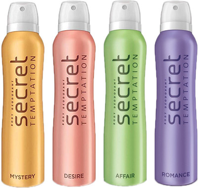 

SECRET TEMPTATION-1 MYSTERY DEODORANT 150ML+1 DESIRE DEODORANT 150ML+1 ROMANCE DEODORANT 150ML+1 AFFAIR DEODORANT 150ML Deodorant Spray - For Women(150 ml, Pack of 4)