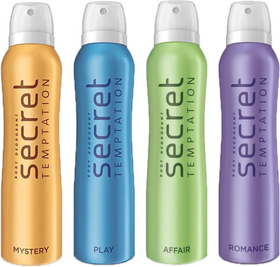

SECRET TEMPTATION-1 MYSTERY DEODORANT 150ML+1 PLAY DEODORANT 150ML+1 ROMANCE DEODORANT 150ML+1 AFFAIR DEODORANT 150ML Deodorant Spray - For Women(150 ml, Pack of 4)
