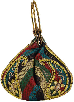 

Bagaholics Ethnic Raw Silk Potli Batwa Pouch Bag with Dense Metal Bead work Potli(Multicolor)