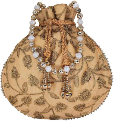 

Bagaholics Ethnic Silk Potli bag Clutch Batwa Pouch with Embroidery and Metal Bead work Gift For Women Potli(Beige)