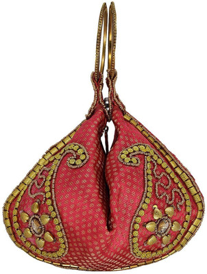 

Bagaholics Ethnic Raw Silk Potli Batwa Pouch Bag with Dense Metal Bead work Potli(Pink)