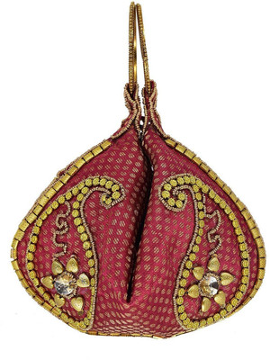 

Bagaholics Ethnic Raw Silk Potli Batwa Pouch Bag with Dense Metal Bead work Potli(Red)