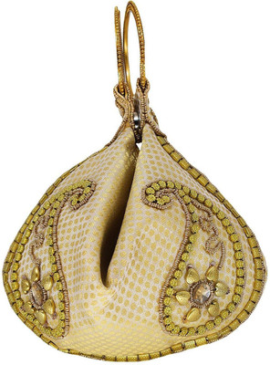 

Bagaholics Ethnic Raw Silk Potli Batwa Pouch Bag with Dense Metal Bead work Potli(Gold)