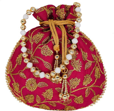 

Bagaholics Ethnic Silk Potli bag Clutch Batwa Pouch with Embroidery and Metal Bead work Gift For Women Potli(Pink, Gold), Gold;pink
