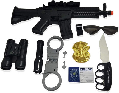 Montez Police Weapons & Tactics Set for Kids Musical Gun, Binocular with Compass, Handcuff Manacle, Whistle, LED Torch, Police Badge, Toy Knief, I-Card, Sunglasses With a Briefcase