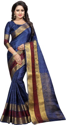 Perfect Wear Self Design Banarasi Cotton Silk Saree(Dark Blue)