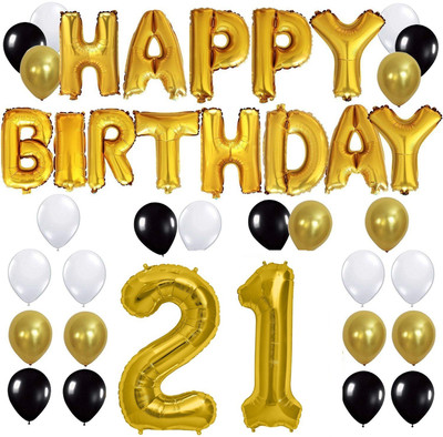 

Theme My Party Happy Birthday Gold Letter Foil, Black Gold White Latex Balloons 50 -10 Inch Each , 21 No. Gold Foil 16 Inch in size. Perfect combo for decoration on Birthday at home/outside.